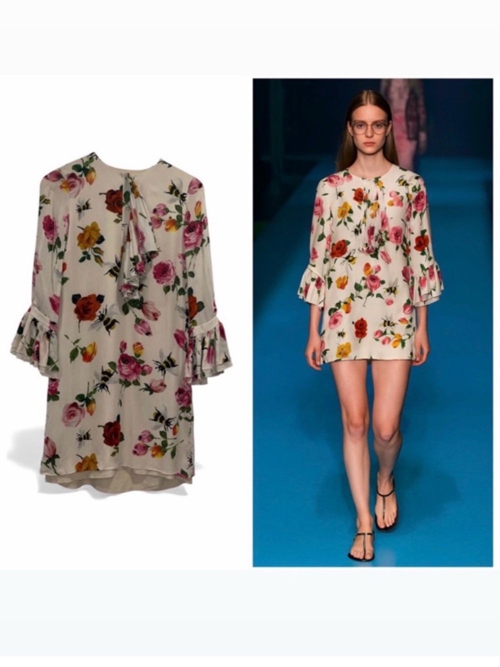 Gucci White Pink Mini Dress Silk Floral Bee Pleated Long Sleeve 2 Cocktail 🟡